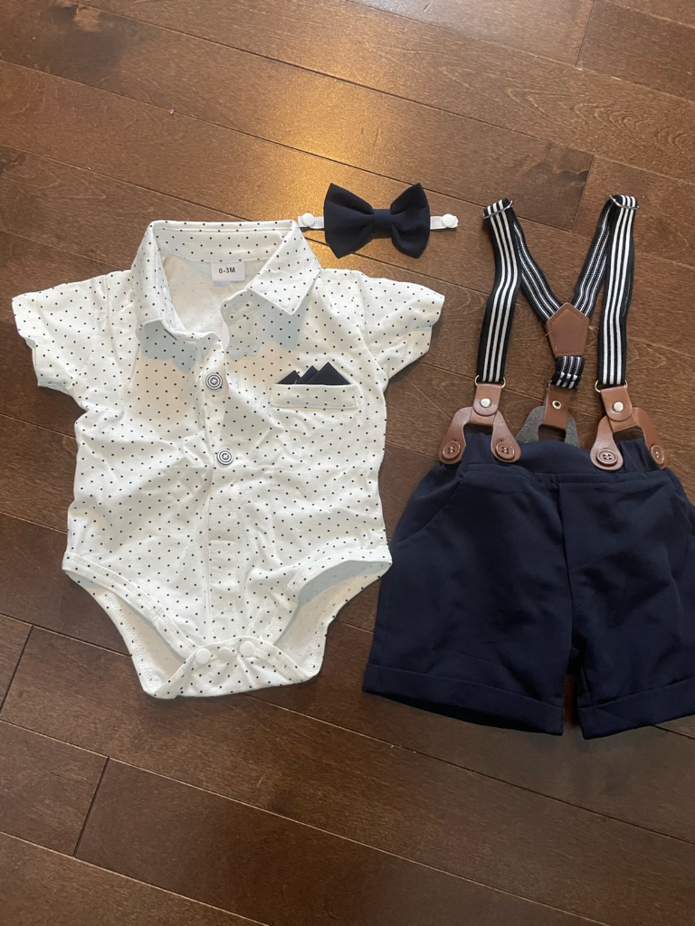 White Polka Dot Baby Polo Romper with Navy Accent 0-3 months